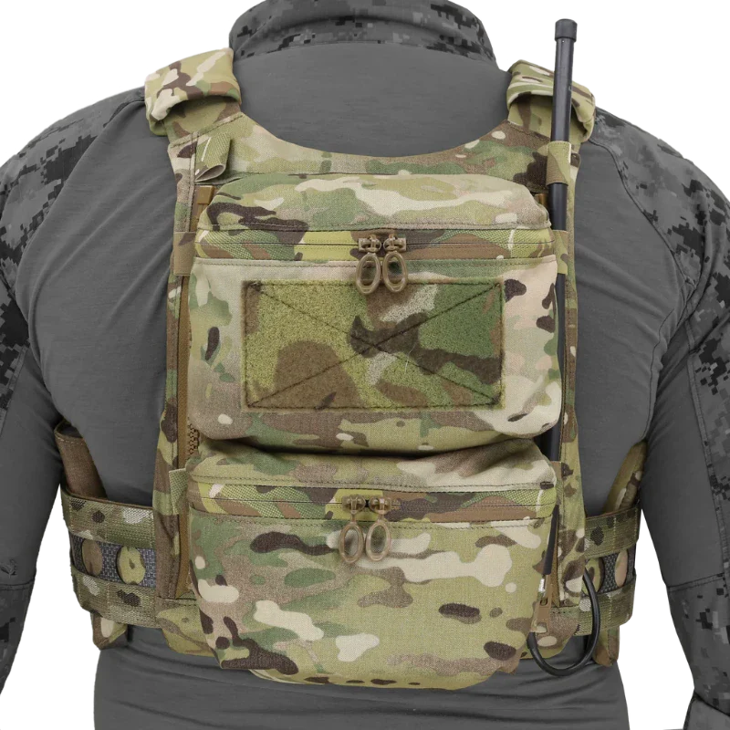 Photo showing the back of the Ferro Concepts FCPC V5 Base Plate Carrier being worn by an operator. Highlights include the reinforced rear plate pocket, laser-cut MOLLE webbing for modular gear attachment, and secure adjustable fit. This tactical plate carrier ensures comfort, mobility, and mission-ready performance for combat and law enforcement use