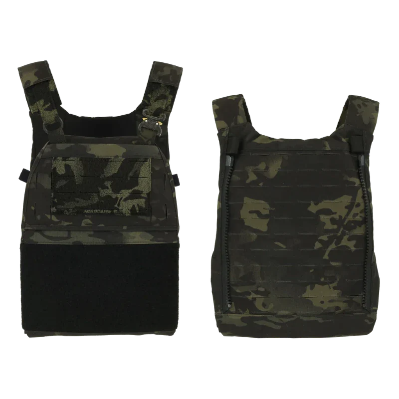 Photo showing front and back views of the Ferro Concepts FCPC V5 Base Plate Carrier in MultiCam Black. Highlights include laser-cut MOLLE panels for attaching tactical pouches, secure front and rear plate pockets, adjustable shoulder straps, and reinforced durable construction. This lightweight modular combat plate carrier provides low-profile comfort and mission-ready performance for operators and tactical professionals