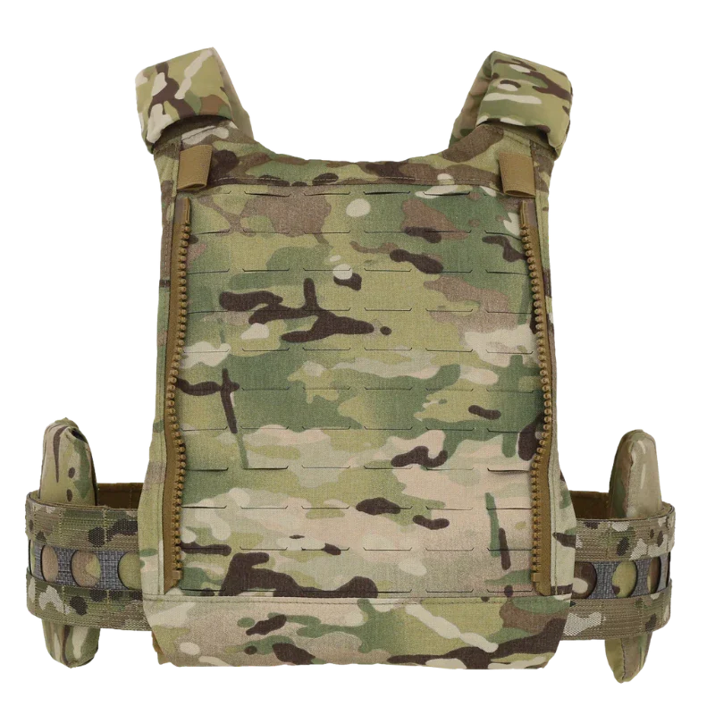 Photo highlighting the zip-on panel portion of the Ferro Concepts FCPC V5 Base Plate Carrier showing the modular back panel attachment system that allows operators to quickly add or remove mission-specific packs and pouches. This feature enhances the plate carrierâ€™s versatility and makes it easy to customize tactical loadouts for combat and duty use