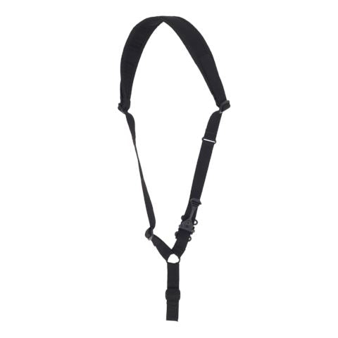Ferro Concepts Single Point Slingster in Black showcasing a minimalist padded single point tactical sling designed for sub-guns, PDWs, SMGs, and PCCs. This sling features a narrow low-profile shoulder pad for comfort, a welded steel ring for smooth shoulder transitions, a rubberized quick-adjust pull tab, and a durable metal quick release buckle. Ideal for CQB, home defense, and vehicle operations
