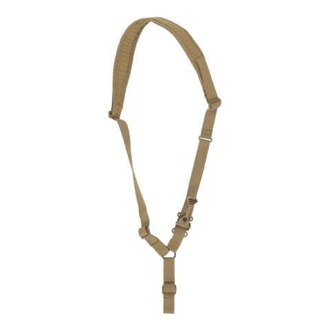 Ferro Concepts Single Point Slingster in Coyote showing a padded single point tactical sling engineered for sub-guns, PDWs, SMGs, and PCCs. This sling includes a streamlined narrow shoulder pad for low-profile comfort, a welded steel ring for fluid shoulder transitions, a rubberized quick-adjust pull tab, and a metal quick release buckle for rapid deployment. Perfect for CQB, urban defense, and tactical vehicle operations