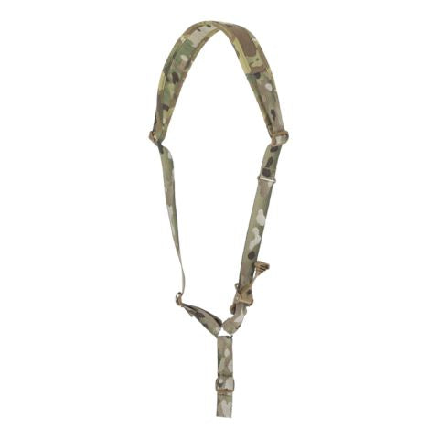 Ferro Concepts Single Point Slingster in MultiCam showing a streamlined padded tactical sling purpose-built for sub-gun, PDW, SMG, and PCC platforms. Features include a narrower low-profile shoulder pad, welded steel ring for easy shoulder transitions, rubberized rapid-adjust pull tab, and metal quick release buckle for instant weapon access. Perfect for CQB, urban operations, and close quarters defense