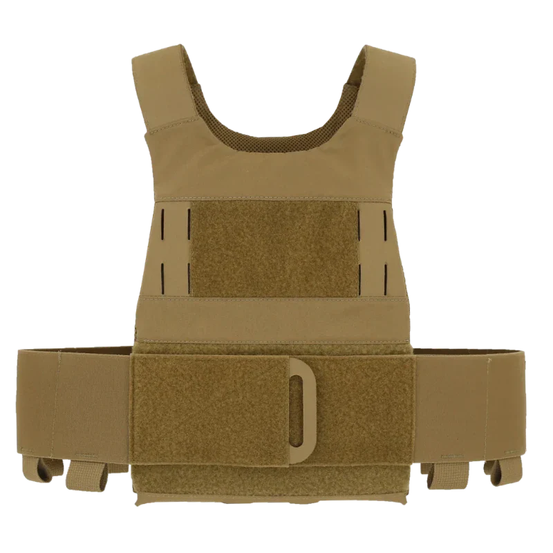 Front view of the Ferro Concepts Slickster Plate Carrier in Coyote Brown highlighting its lightweight minimalist design with an elastic cummerbund to hold 5.56 or 7.62 magazines, smoke, radio, or medical gear. Features loop Velcro panels for ID patches, laser-cut slots for mounting ADAPT flaps or chest rigs, and adjustable laminated shoulder straps for a precise fit. This scalable low-profile plate carrier is ideal for covert missions, direct action, and everyday tactical operations