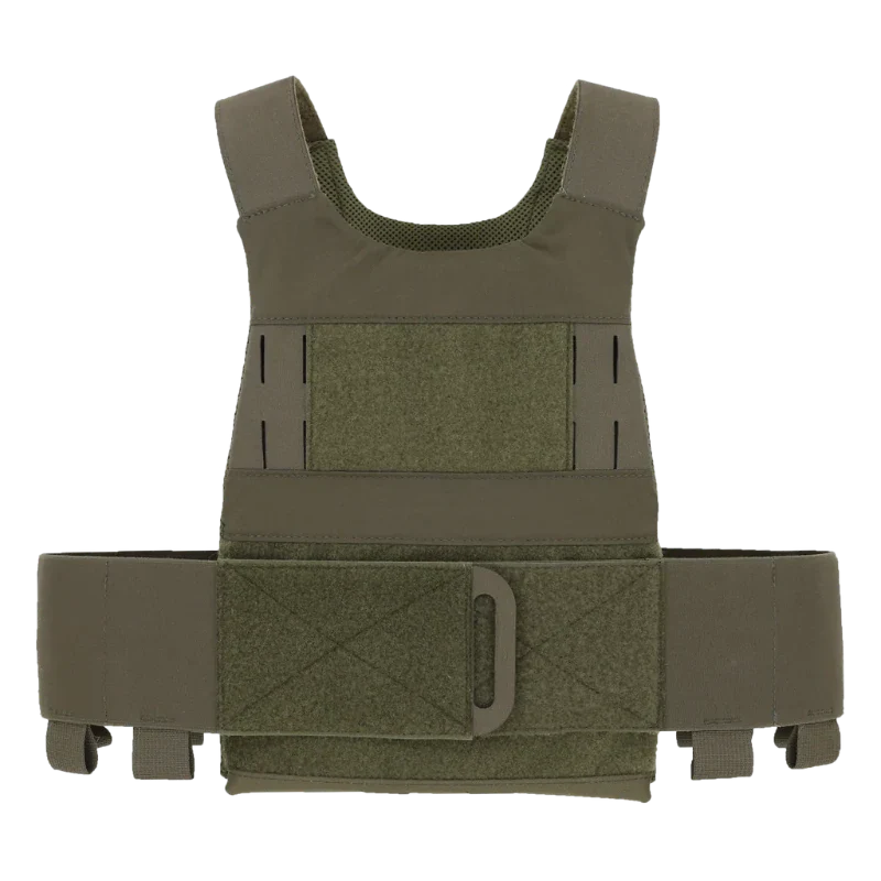 Front view of the Ferro Concepts Slickster Plate Carrier in Ranger Green highlighting its ultra-lightweight minimalist design, elastic cummerbund that holds rifle magazines or medical gear, loop Velcro for patches, and laser-cut slots for attaching ADAPT flaps or chest rigs. Built for covert missions, low-profile operations, and scalable direct action loadouts trusted by military and law enforcement professionals