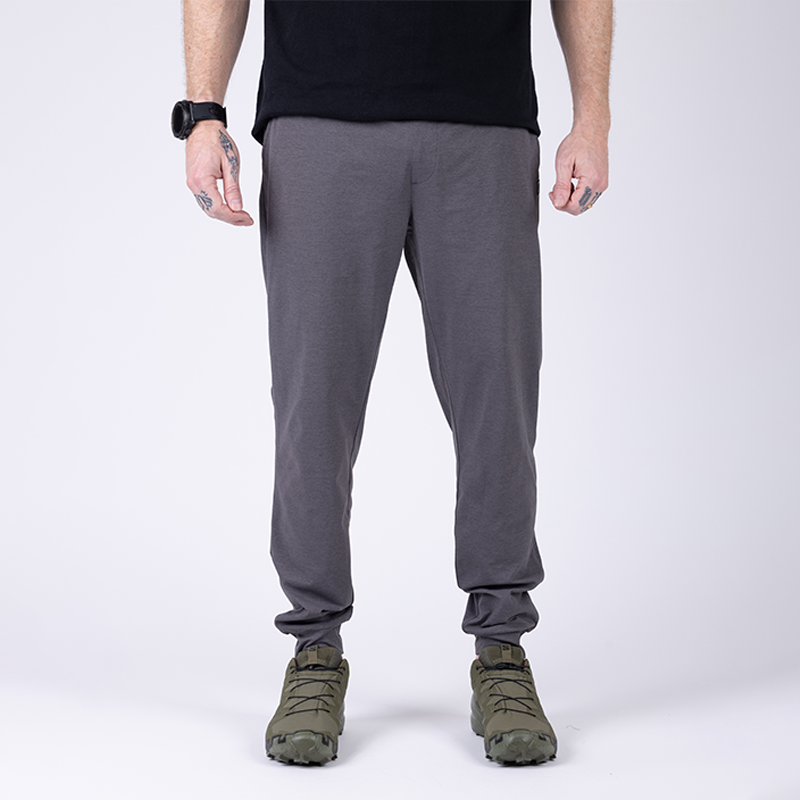 Front view of TD Tactical EDC Joggers in Gunmetal Grey featuring low-profile belt loops, athletic cut, and stretch fabric built for concealed carry and everyday performance.